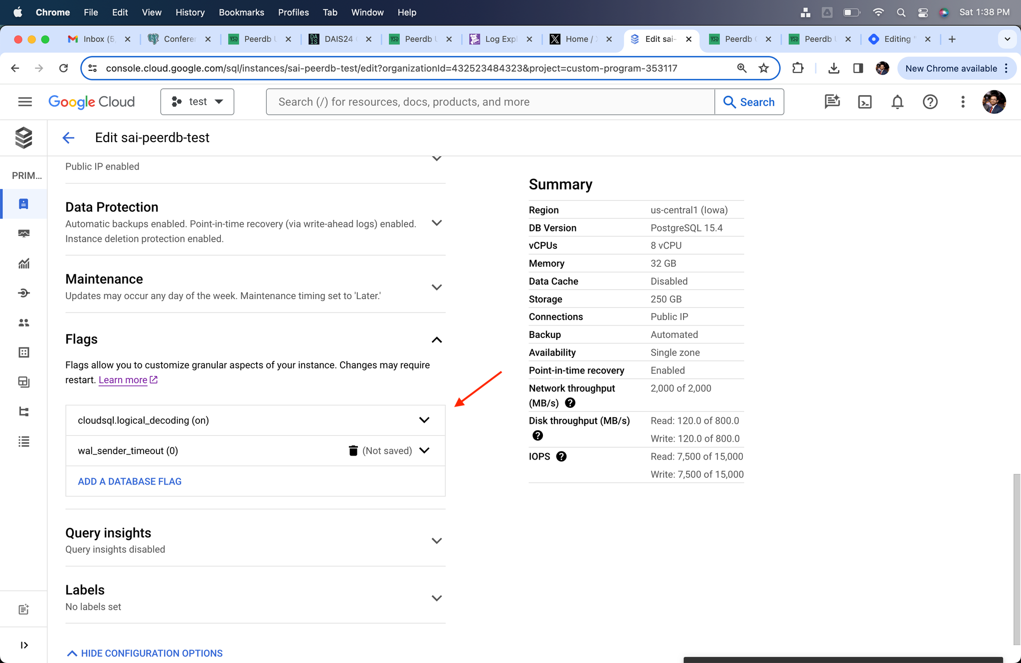 Changed cloudsql.logical_decoding and wal_sender_timeout - Zoomed